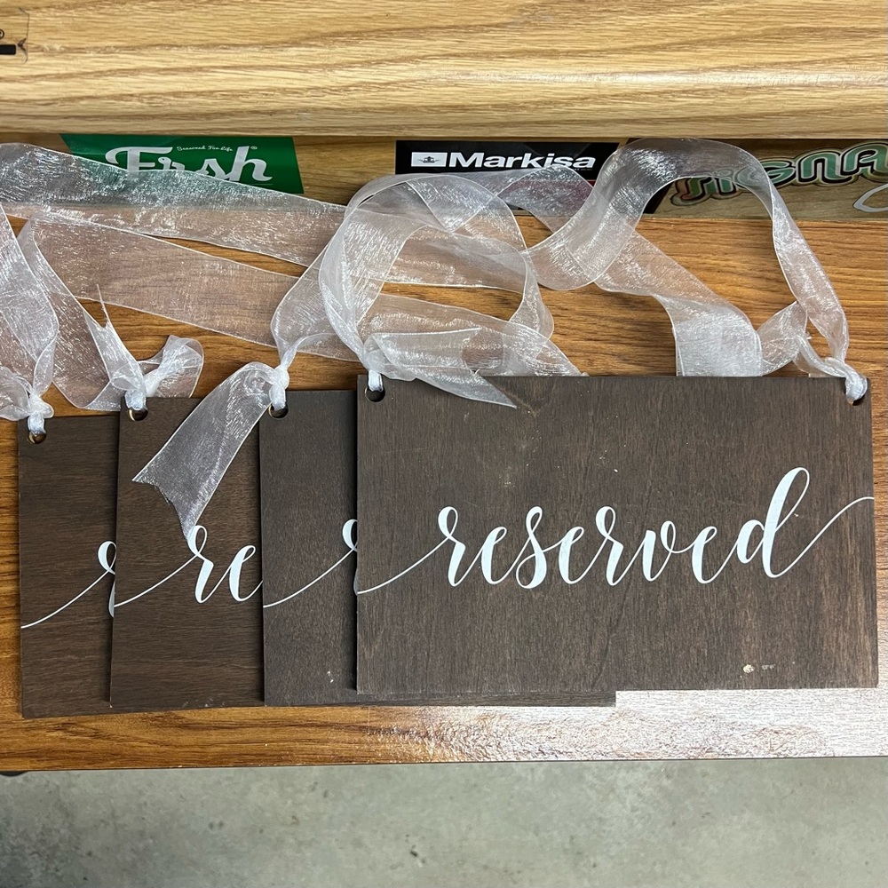 4 wooden Wedding Reserved & hashtag signs